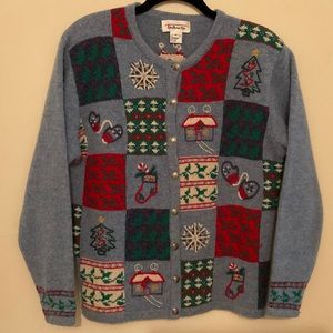 Talbots Med Wool Patchwork Embroidered Granny Square Christmas Cardigan Sweater